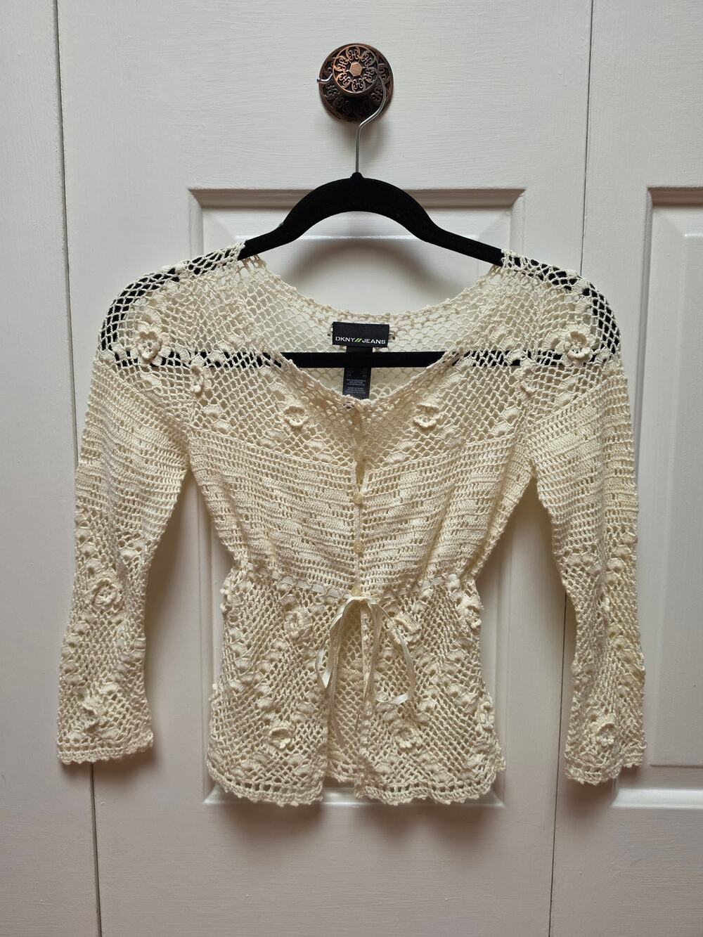DKNY Jeans Cream Crochet Top XS Open Knit Ribbon Tie Waist Boho Y2K Vintage